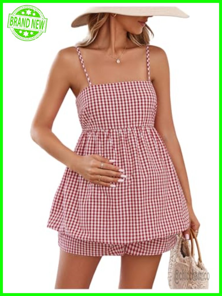 Maternity 2 Piece Outfits Plaid Peplum Bubble Cami Top And Shorts Sets